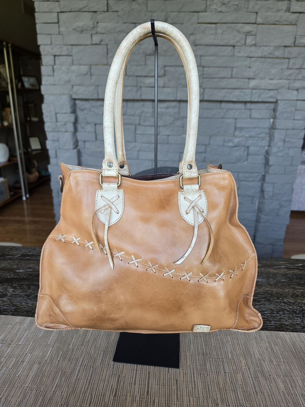 Bed Stu Bruna Leather Handbag in Tan with Cream Handles
